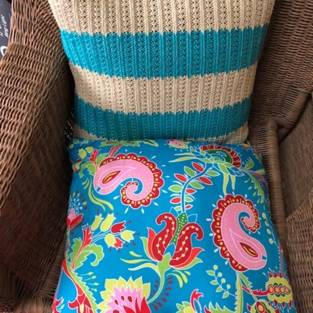 STRATFORD Outdoor Paisley White Blue Stripe Raffia Weatherproof Pillow